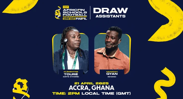 As excitement builds ahead of the much-anticipated CAF African Schools Football Championship Continental Finals in Ghana, CAF has confirmed African legends Asamoah Gyan and Clementine Toure as assistants for the Official Draw on Monday, 21 April at the MultiChoice offices in Accra at 14:00 local time / GMT. 